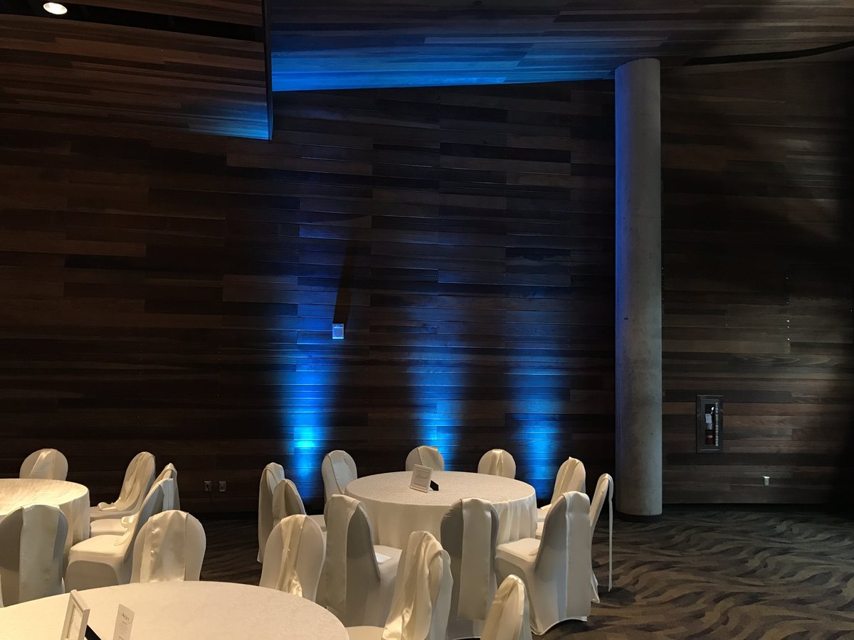 Deep blue uplighting along the perimeter of a tented reception in Dallas-Fort Worth