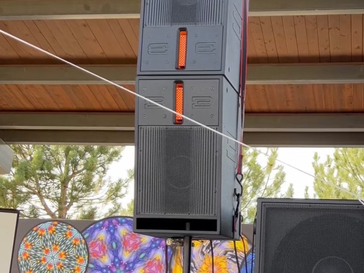 BassBoss DV12 speakers stacked as a line array on heavy duty stands in a Dallas venue